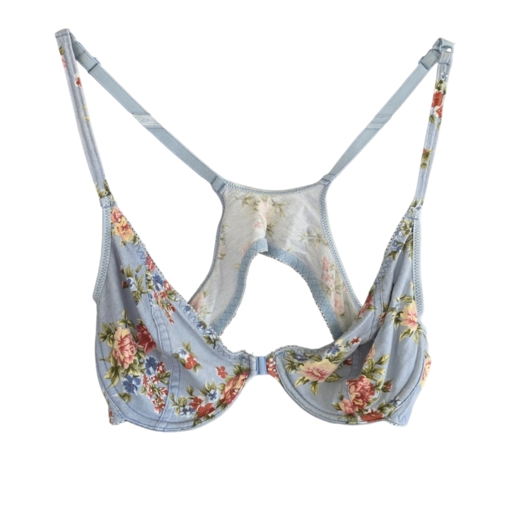 Vintage Light Blue Floral Underwire Bra 100% Cotton